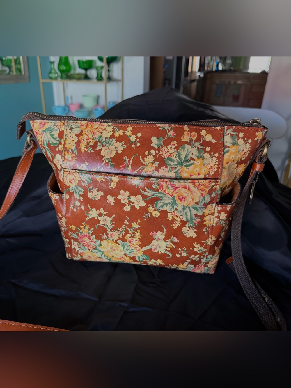 PATRICIA NASH BOTANICAL LEATHER AVERY BROWN FLORAL CROSSBODY BAG